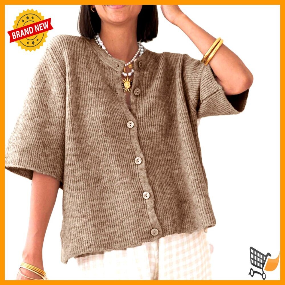 Ribbed Knit Crop Cardigan Short Sleeve Button Down Loose Fit Top